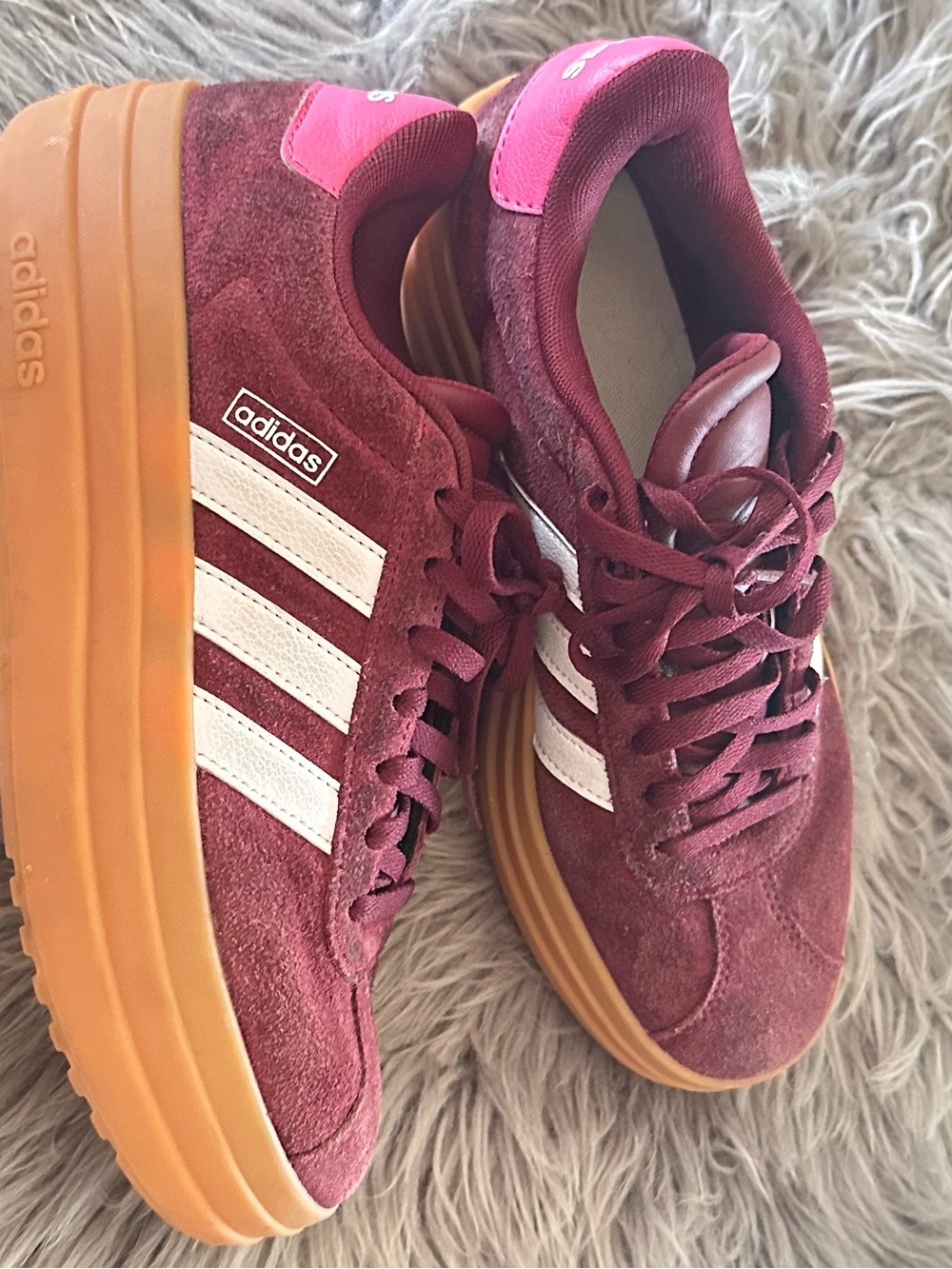 adidas Women’s Burgundy Suede Sneakers with White Stripes and Gum Platform Sole